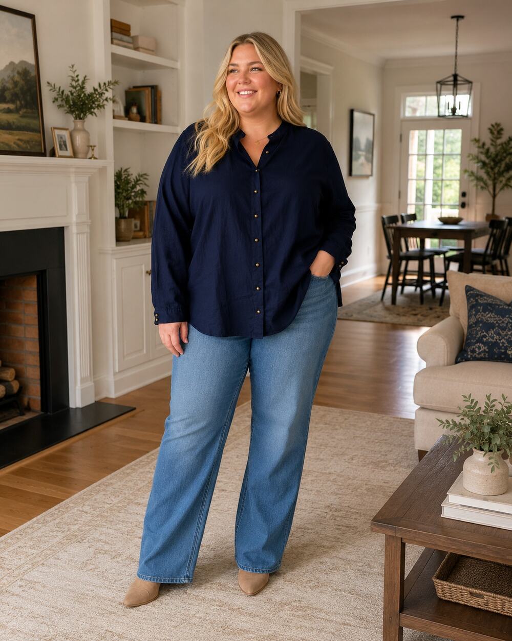 Talbots navy blue blouse features a band collar and gold-toned buttons size 22W